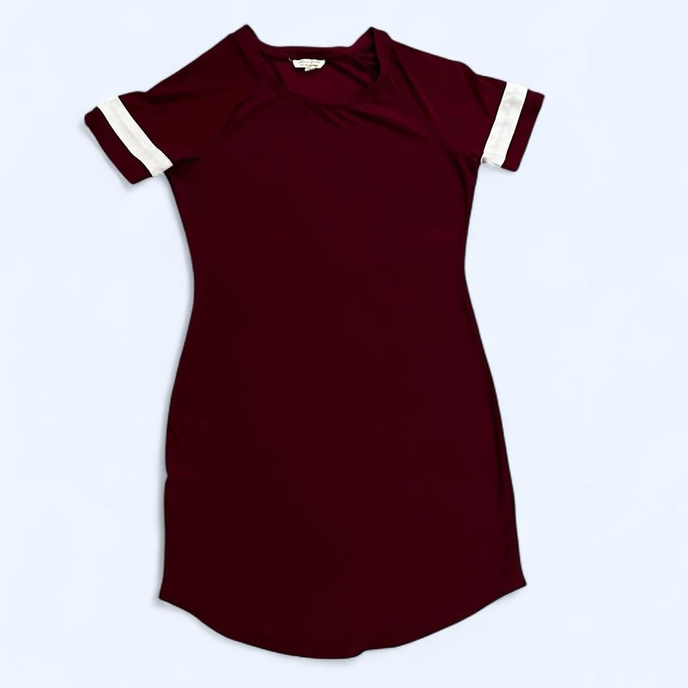 Ultra Flirt Size Small Burgundy Red White Striped Mesh Sleeve Jersey Mini Dress